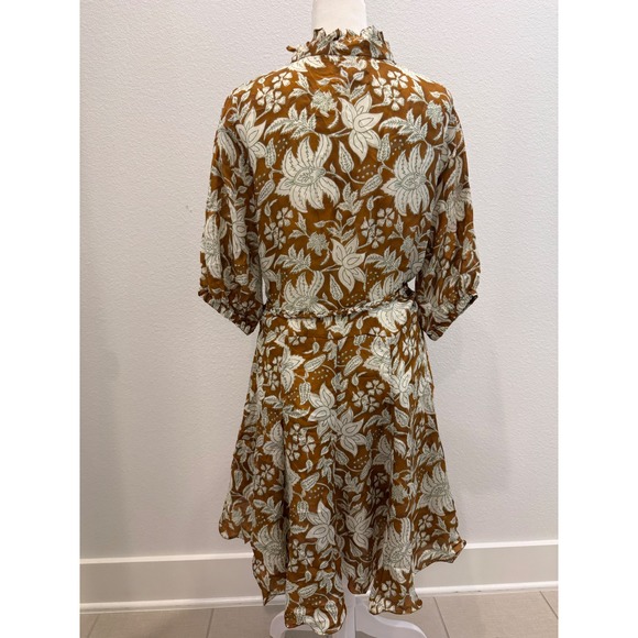 Hannah Artwear Silk Floral Mini Dress Ochre Brown Woodblock Print Size 1 - Picture 2 of 9